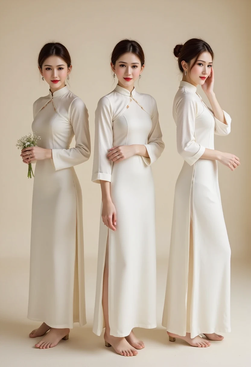 A TOK composite photo of a ao dai posing at different angles, a Vietnamese ao dai and Vietnamese hat, perfect body, perfect face