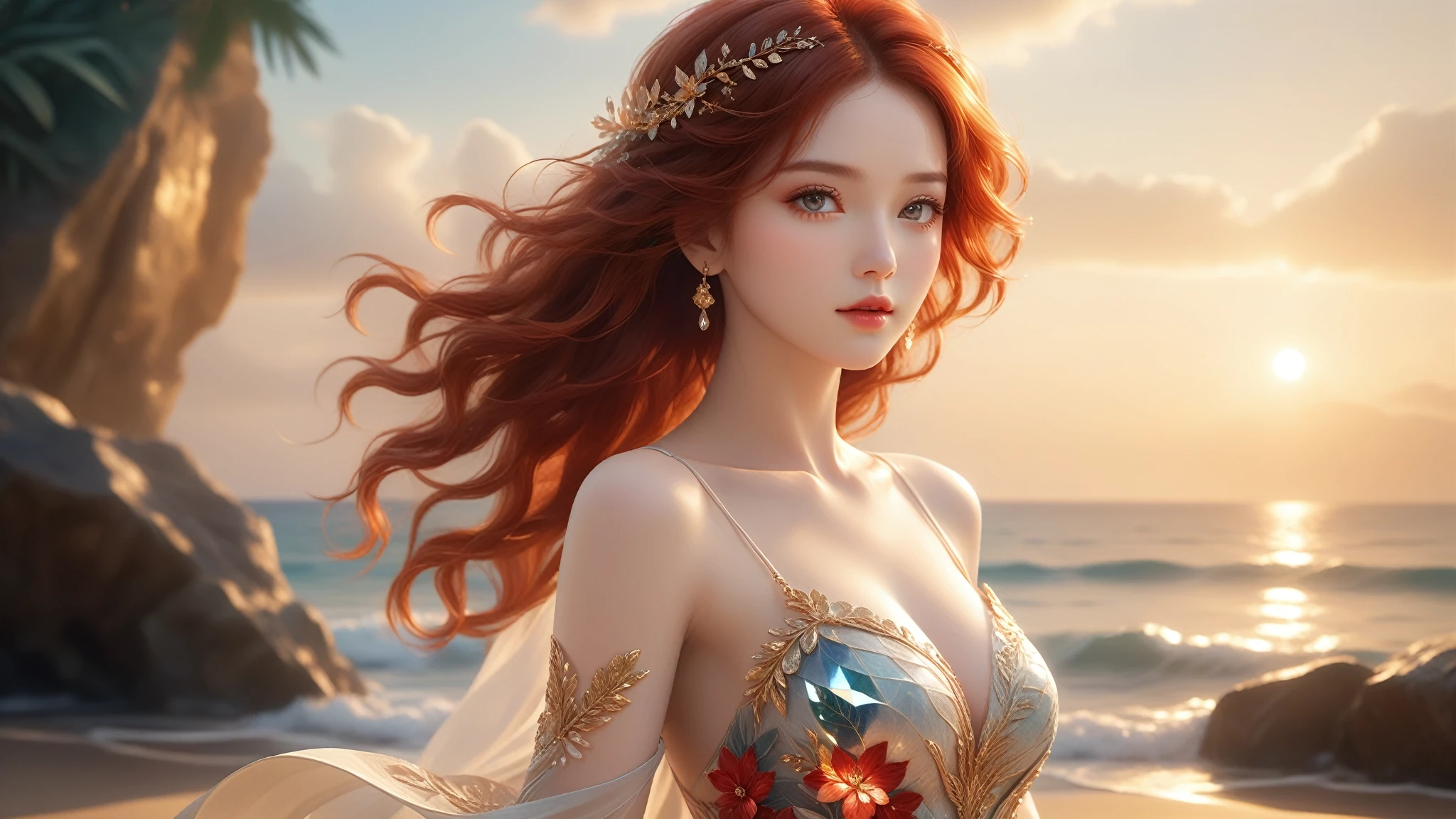 A Masterpiece In 32K Resolution, Supreme Quality, Super Detail, Official Art, Cinematic Lighting, Beautiful And Aesthetic, Ultra-Detailed Features, Very High-Resolution 32K Wallpaper. A Girl With Crystal-Textured Skin, A Cold Look, And Smooth Movement, Adorned With An Attractive Pattern And Dressed Sensually To Highlight Her Ample Breasts. Gentle Breeze, Scattered Leaves, Tropical Beach Background, Porcelain Texture Skin, Soft and Mysterious Look, Red Hair, Long and Flowing, Gray Eyes, Elegant Stance, Intricately Delicate, Ocean Waves, Stunning Eye Details, Fine Detailing, Cinematic Lighting, Charming Expression, Calm Sand Surface, Original Portraits, Super Detailed, Incredibly Detailed, An Ethereal and Serene Beauty, Gorgeous Eyes, Upper Body, Gazing Ahead, Mystical, Full Body, Front View.