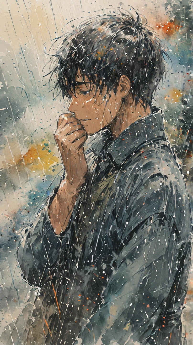 watercolor painting of a boy in the rain. full body shot of the boy who is soaked under the rain. he tilts his head up to face the rain, the rainwater flows down his face. he is walking in the street, holding his hands out to feel the rain. watercolor brushes stroke painting style. the sky is dark.