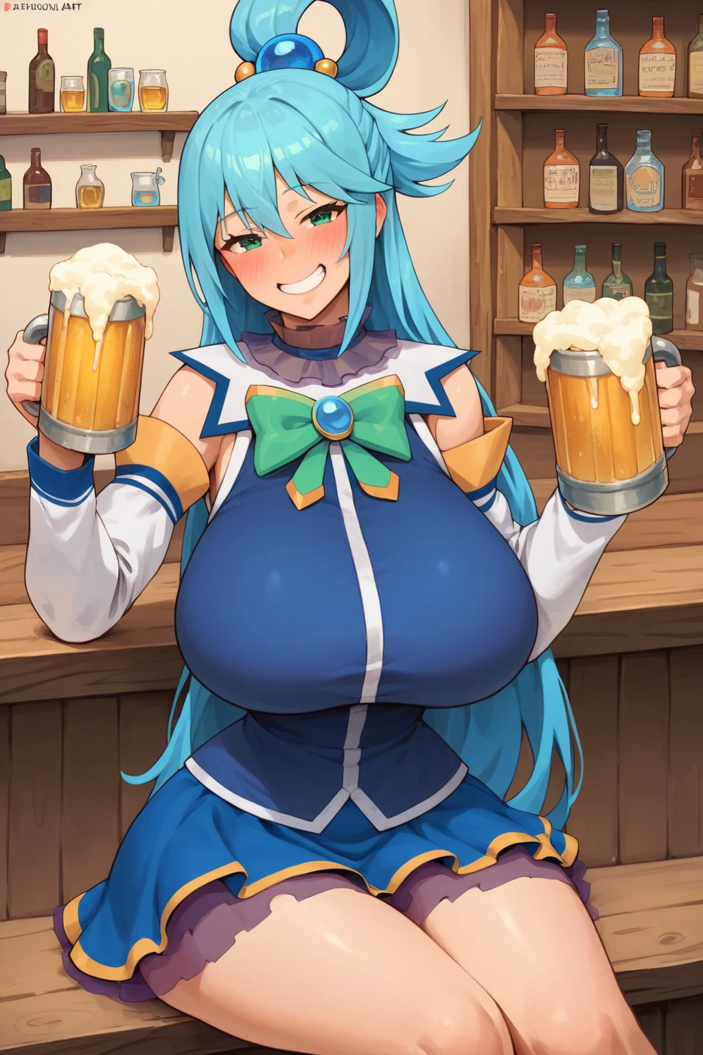 Aqua from KonoSuba, Light Blue Hair, Green Eyes Very Short Skirt, In a Bar, Medieval Bar, Sitting, Drunk, Blushing, Holding a Beer Mug, Huge Breasts, Wide Hips, Thin Waist, Solo, Aerial View, Smiling, (cartoon-style bold line work:1.2), vibrant colors, cel shading, Simplistic Art Style, looking at viewer, solo