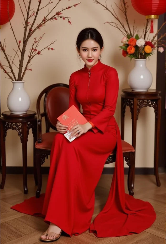 A TOK composite photo of a ao dai posing at different angles, A high-fashion editorial shot of Lisamy dressed in a vibrant red silk ao dai with exaggerated, stylized sleeves and a dramatic high collar. Her hair is arranged in a high-fashion, structured bun, with delicate loose strands adding a touch of elegance. She holds a red lì xì envelope, adding a pop of traditional flair. She sits on a vintage wooden chair with intricate carvings, flanked by a tall peach blossom in a white vase and a stunning arrangement of traditional Vietnamese fruits, all meticulously styled. The background is adorned with oversized red lanterns and minimal Tet decorations, creating an elevated, chic setting that blends modern editorial photography with cultural heritage