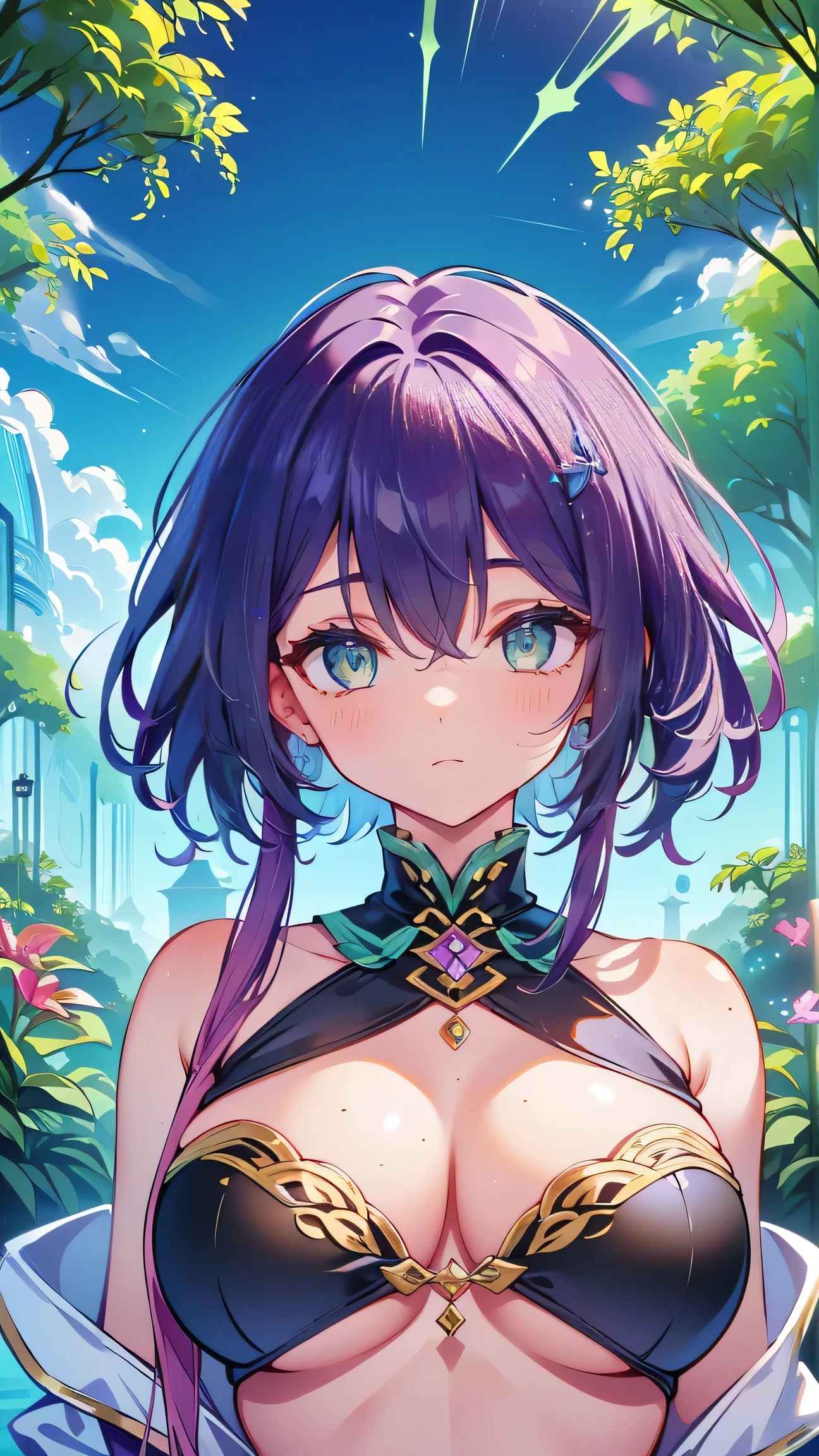 (masterpiece, highres, high resolution:1.2), anime 20 yo girl, portrait, shoulders up, illustration. drawn, violet hair, asian girl, green eyes, blushing, solo, surprised, freckles, big lips, huge breasts, perfect body, wearing a tube top, no hands.