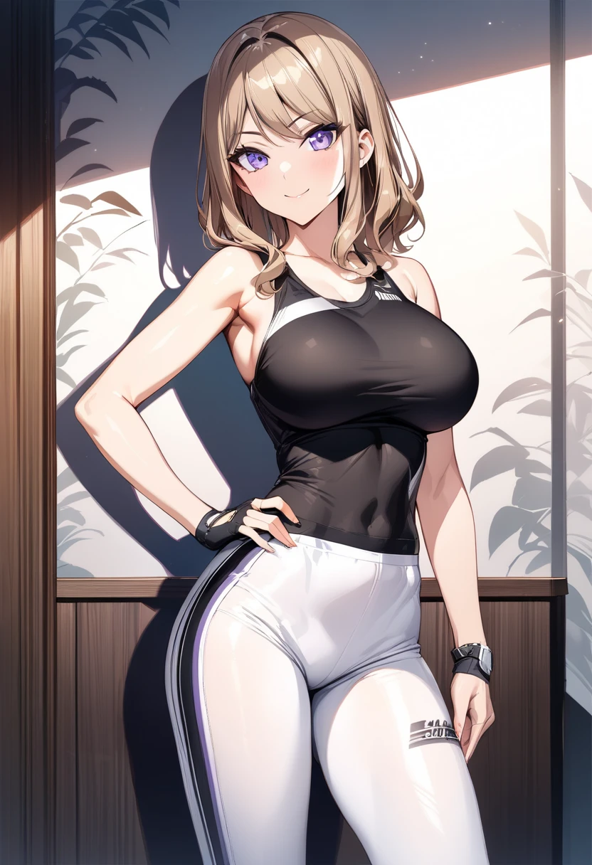 suminoe_shion, light brown hair, purple eyes, large breasts, bangs, black shirt, black sportswear, bare shoulder, knee guard, fingerless gloves, white pants, smile, standing, from the front, cowboy shot, hand on hips, (masterpiece),(best quality),(ultra-detailed),(best illustration),(best shadow),(absurdres),(detailed background),(very aesthetic),