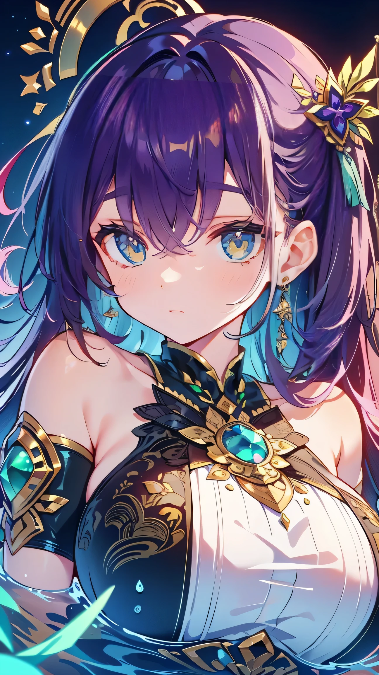 (masterpiece, highres, high resolution:1.2), anime 20 yo girl, portrait, shoulders up, illustration. drawn, violet hair, asian girl, green eyes, blushing, solo, surprised, freckles, big lips, huge breasts, perfect body, wearing a tube top, no hands.