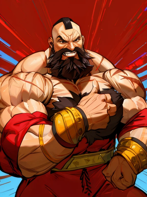 Zangief, (40 years old russian man:1.1), 1man, solo, brown mohawk hair, brown eyes, beard, chest hair, muscular, scars, arm bands, wrestling pant, flexing 2 biceps, (hysterical laugh), viewer looking, underground fight club, standing, (insanely detailed, beautiful detailed face, masterpiece, best quality), solo, best quality, masterpiece, high resolution: 1.2, upper body shot, from the front