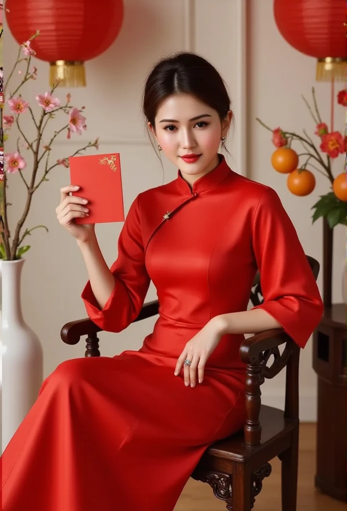 A TOK composite photo of a ao dai posing at different angles, in the style of TOK, A high-fashion editorial shot of Lisamy dressed in a vibrant red silk ao dai with exaggerated, stylized sleeves and a dramatic high collar. Her hair is arranged in a high-fashion, structured bun, with delicate loose strands adding a touch of elegance. She holds a red lì xì envelope, adding a pop of traditional flair. She sits on a vintage wooden chair with intricate carvings, flanked by a tall peach blossom in a white vase and a stunning arrangement of traditional Vietnamese fruits, all meticulously styled. The background is adorned with oversized red lanterns and minimal Tet decorations, creating an elevated, chic setting that blends modern editorial photography with cultural heritage