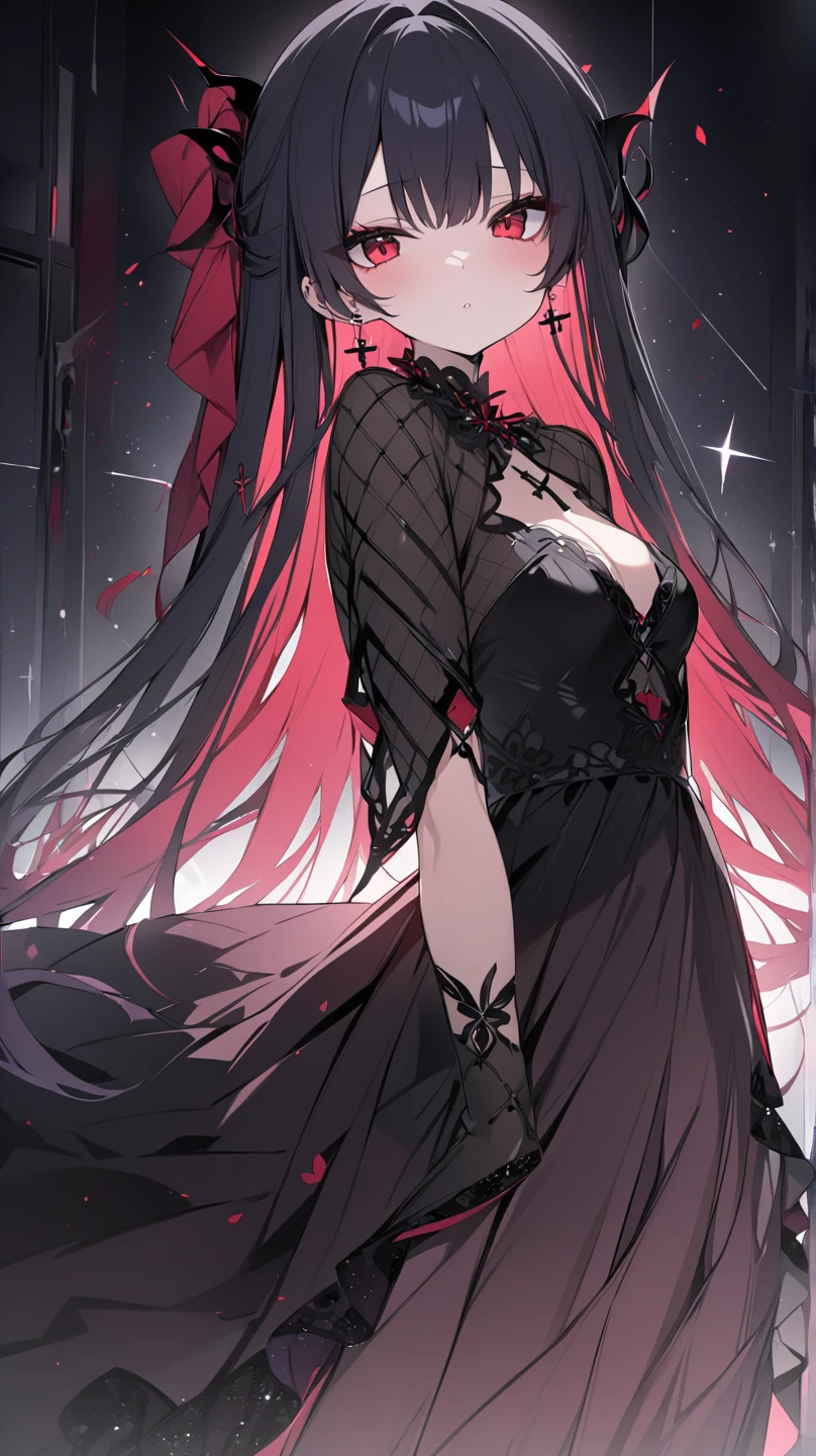 An 18-year-old girl with long red hair, heterochromatic eyes, Pale skin, Flat chest, Wear a black dress with a crisp pink shirt, With a more elegant and refined touch, Something that matches her mysterious and strong personality. Overall, Her appearance will be eye-catching, Attract curious and curious eyes, flatchest, Cinematic lighting, color difference, back lit lighting, Masterpiece, High details, High quality, 4K.