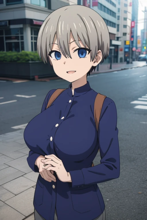  best quality,  high definition , city, Tokyo, 1 girl , Big Breasts,  1 girl , short hair, blue eyes,bangs,skin tooth,Grey Hair,tooth, hair between eyes, smile,  look at the viewer,  hollow eyes,nude, touches the chest,Massage the breasts,Sexy