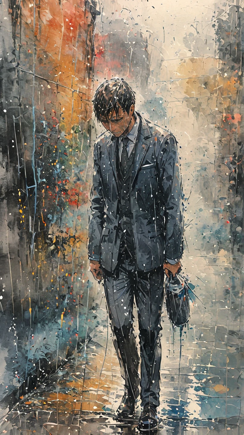 watercolor painting of a man in suit in the rain. full body shot of the man who is soaked under the rain. he tilts his head up to face the rain, the rainwater flows down his face. he is walking in the street, holding his hands out to feel the rain. watercolor brushes stroke painting style. the sky is dark.