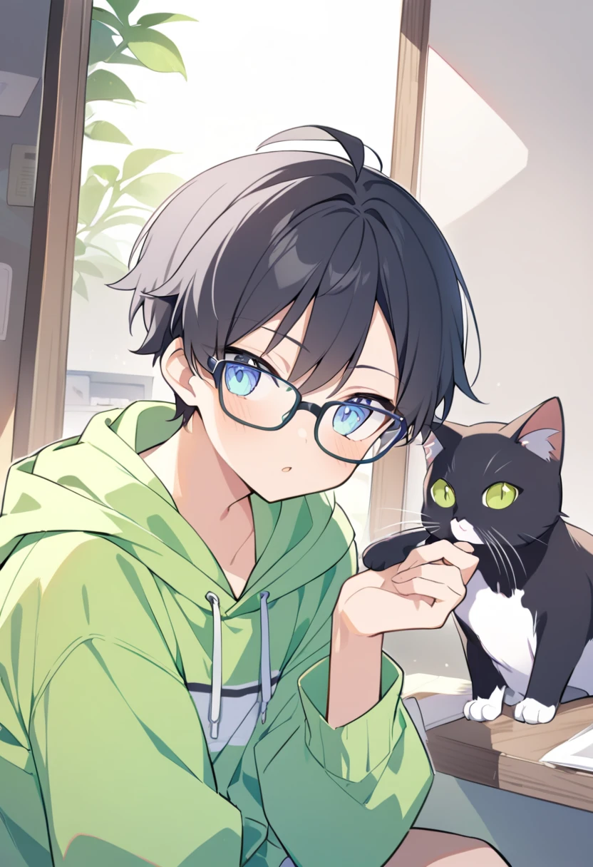  1 boy 、 black hair(( Very Short))、split hair 、Light blue eyes、Glasses、Lime green hoodie、cat((三毛cat))I have