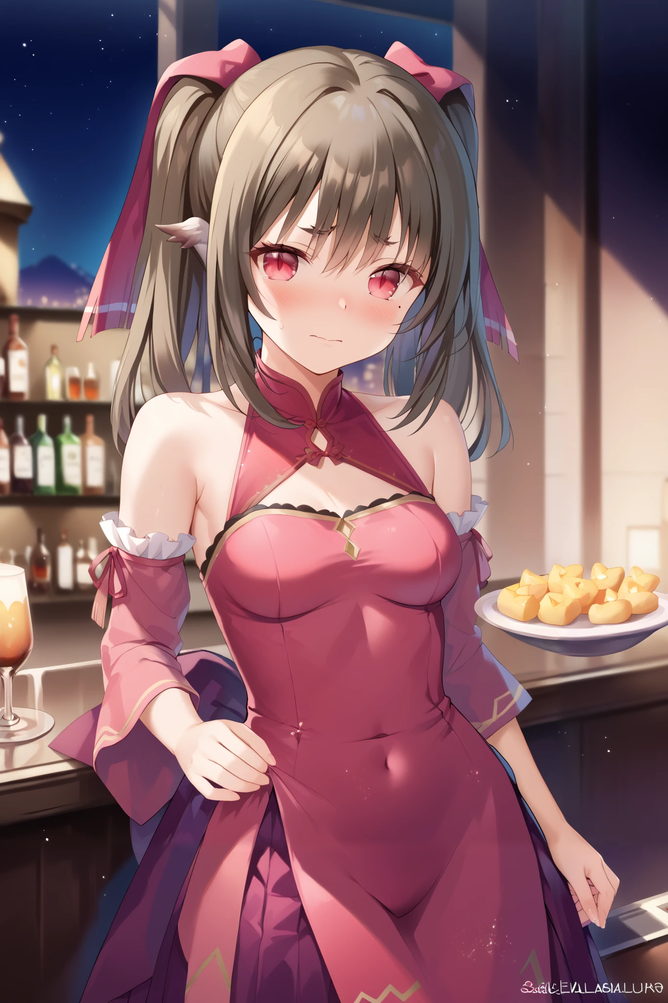 NSFW,masterpiece, best quality, high definition , Very detailed,Nekone\(Utawarerumono\),Brown Hair, twin tails, hair bow ,Red eyes,Embarrassed,blush, evening dress,Chest cut-in, Slit Skirt,Luxurious mansion, chandeliers ,bar