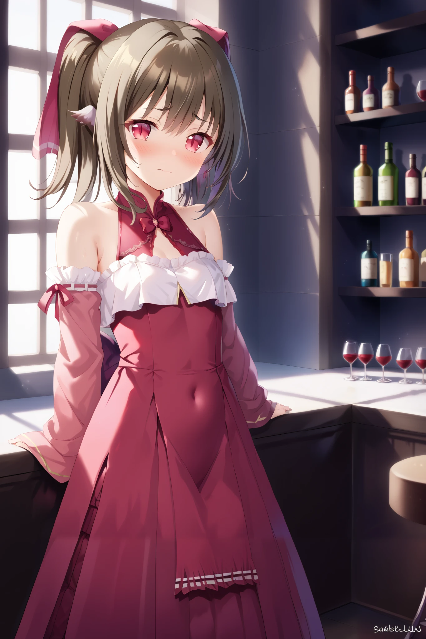 NSFW,masterpiece, best quality, high definition , Very detailed,Nekone\(Utawarerumono\),Brown Hair, twin tails, hair bow ,Red eyes,Embarrassed,blush, evening dress,Chest cut-in, Slit Skirt,Luxurious mansion, chandeliers ,bar