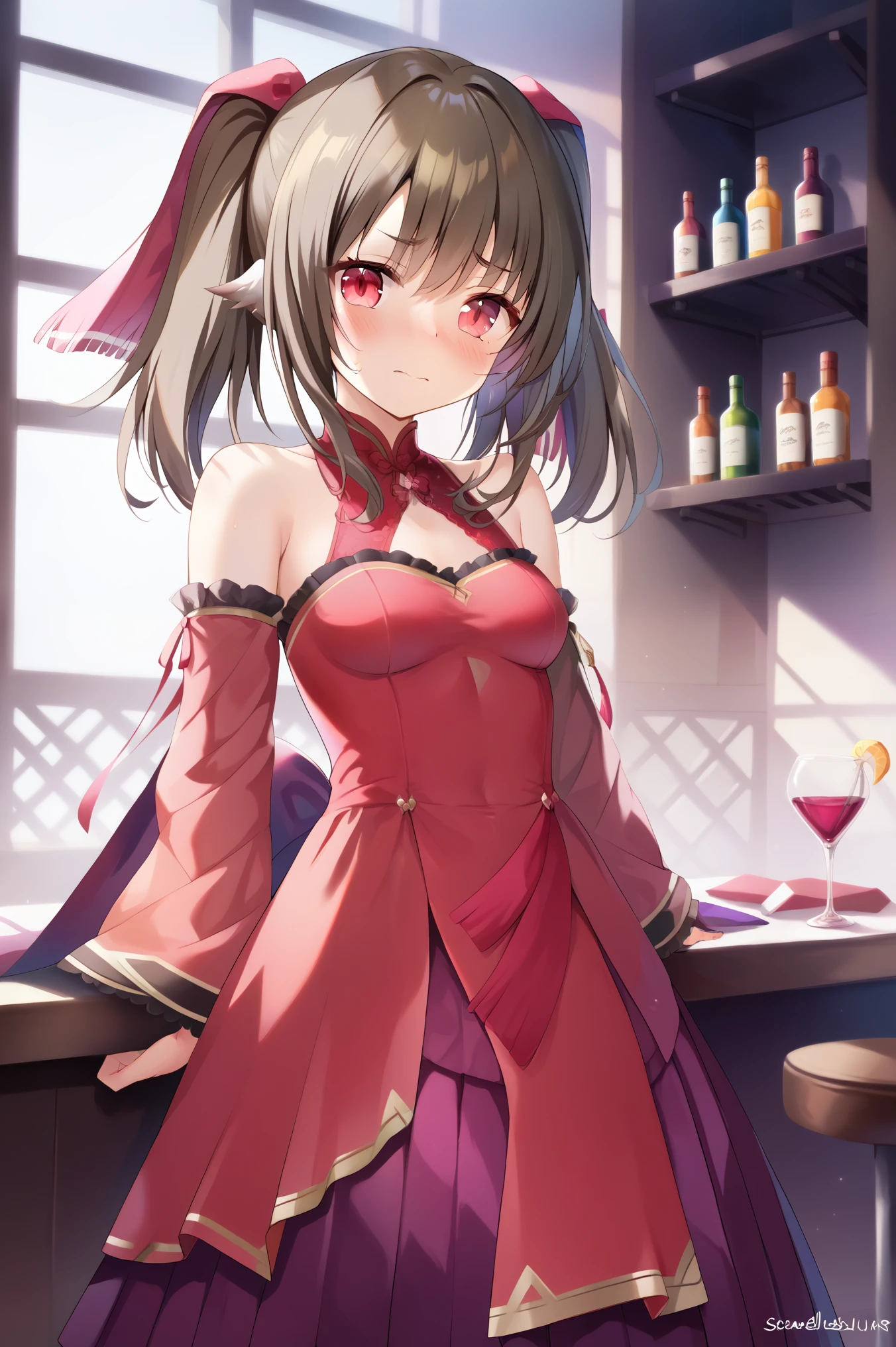 NSFW,masterpiece, best quality, high definition , Very detailed,Nekone\(Utawarerumono\),Brown Hair, twin tails, hair bow ,Red eyes,Embarrassed,blush, evening dress,Chest cut-in, Slit Skirt,Luxurious mansion, chandeliers ,bar