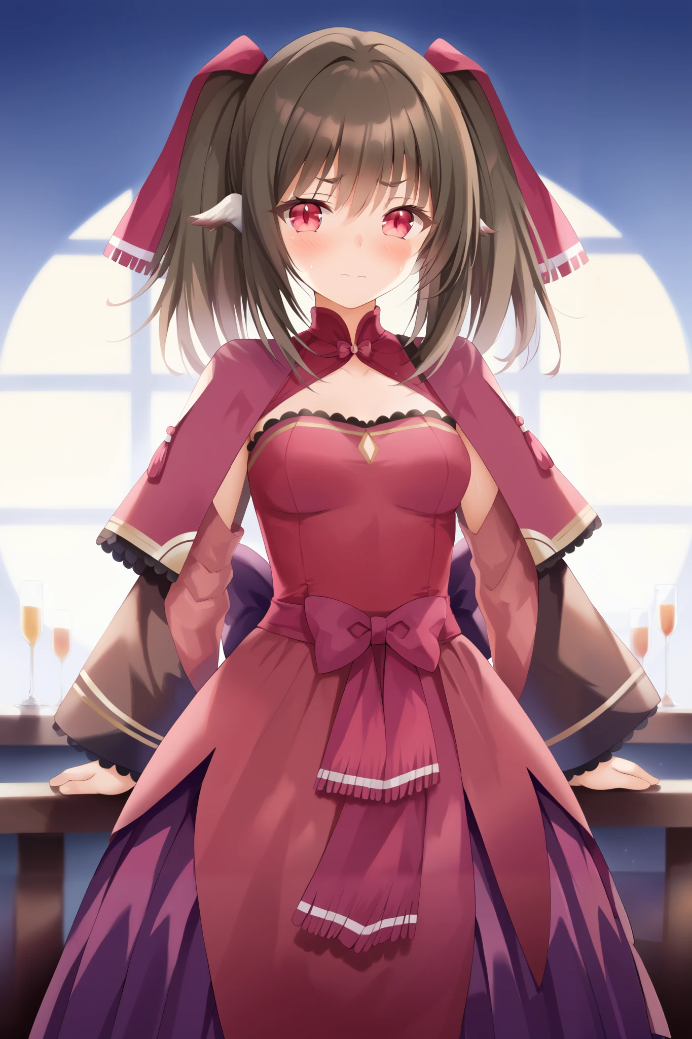 NSFW,masterpiece, best quality, high definition , Very detailed,Nekone\(Utawarerumono\),Brown Hair, twin tails, hair bow ,Red eyes,Embarrassed,blush, evening dress,Chest cut-in, Slit Skirt,Luxurious mansion, chandeliers ,bar