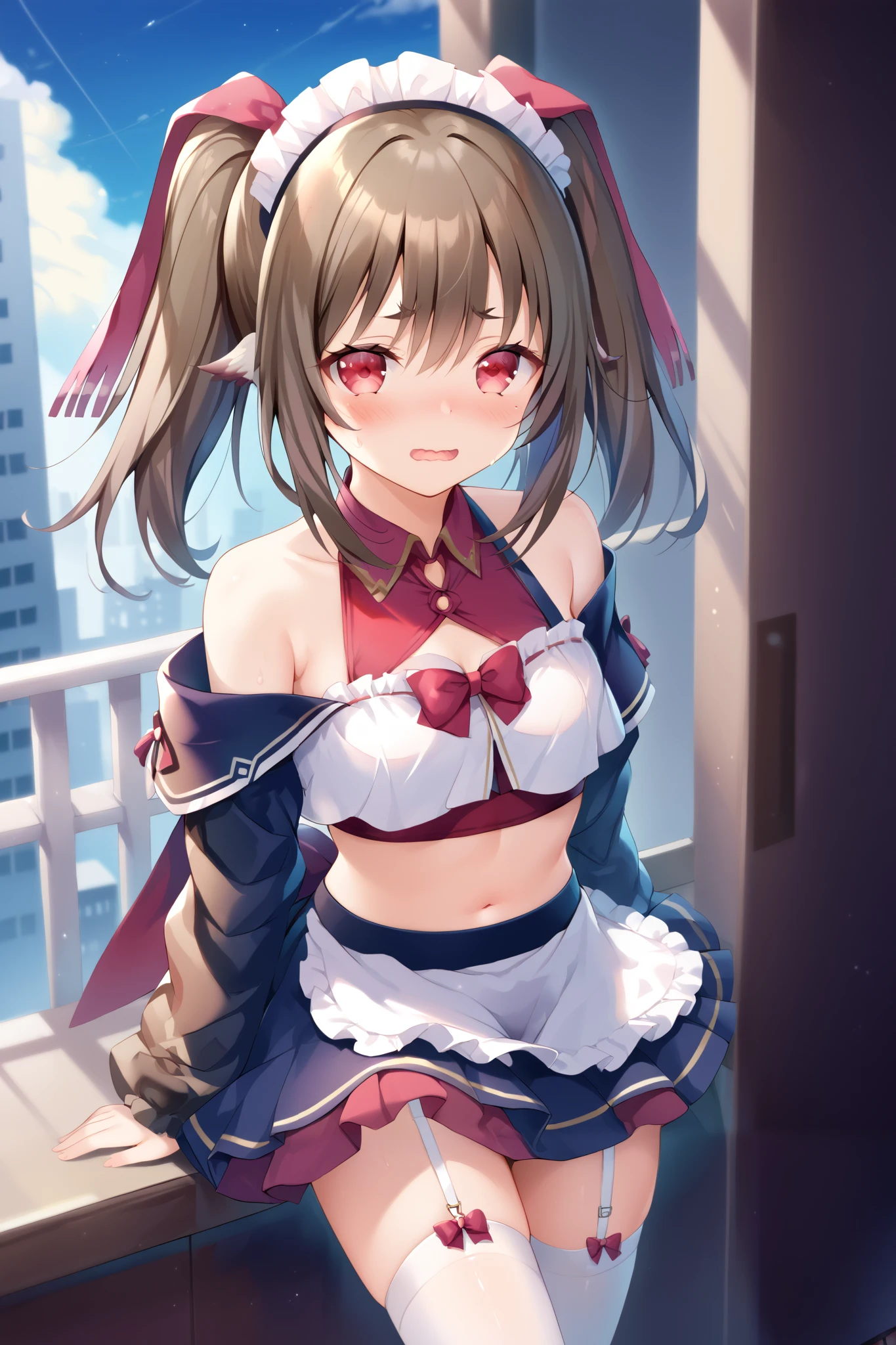 NSFW,masterpiece,Highest quality,High resolution,Super detailed,nekone \(utawarerumono\),Brown Hair、（Red Eye：1.3）、ribbon,Twin tails、ヘアribbon、Mole、目の下のMole,Small breasts,blush,Expecting face,smile,bustling street,Date