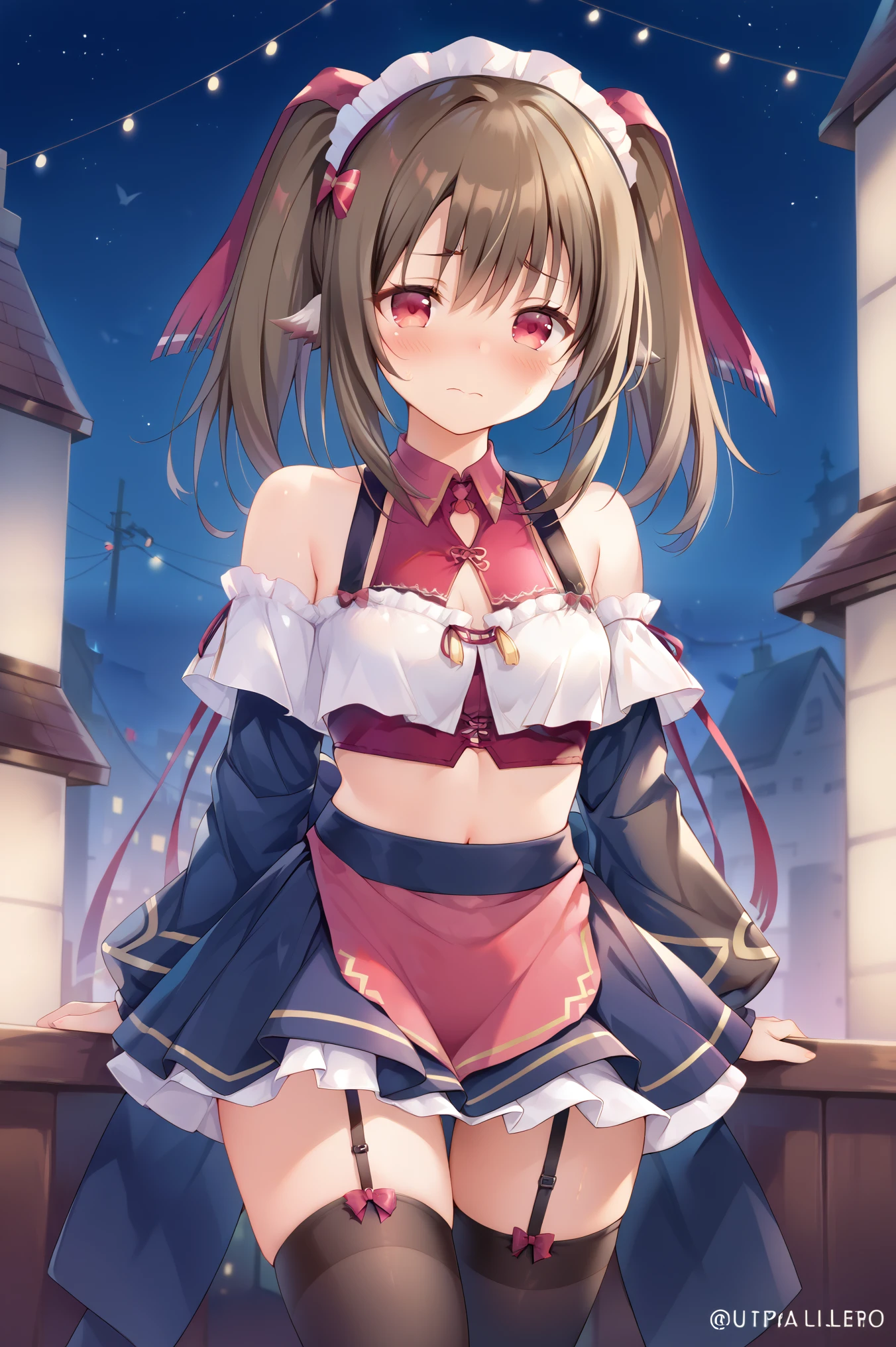 NSFW,masterpiece, best quality, high definition , Very detailed,Nekone\(Utawarerumono\),Brown Hair, twin tails, hair bow ,Red eyes,Embarrassed,blush, maid outfit , crop top, off-shoulder , miniskirt, Garter Straps , in the city at night