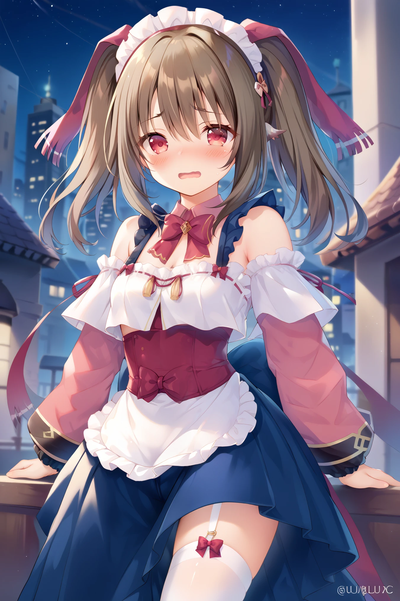 NSFW,masterpiece, best quality, high definition , Very detailed,Nekone\(Utawarerumono\),Brown Hair, twin tails, hair bow ,Red eyes,Embarrassed,blush, maid outfit , crop top, off-shoulder , miniskirt, Garter Straps , in the city at night