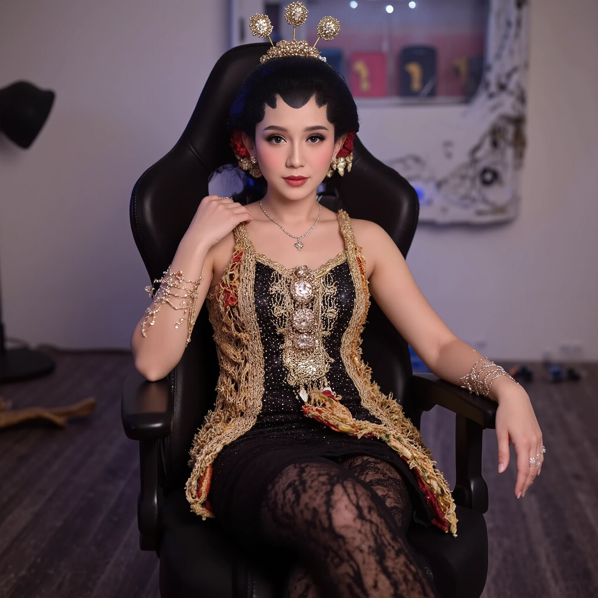 Korean girl Asian traditional dress javanes long sleeves color hiitam. black long skirt. ((Big boobs 2 .3)). sitting on a gaming chair. white shoes.  cross legs .  Room background full of LED lights .  Detailed finger fingers .  Highly detailed hands .  Rough colored Cctv footage . Warm light .