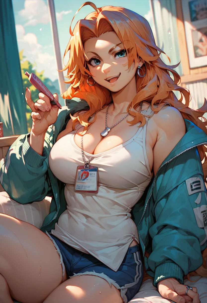 best quality, masterpiece, ultra-detailed, illustration, dynamic pose, a close up of a woman sitting on a chair with a cat, 1girl, powerdef, sharp teeth, cross-shaped pupils, red horns, trending on devianart, trending on artstation, deviantart, artstation, ig model, looking at viewer, peace sign, (evil smile), close-up shot, thick thighs, big breasts, big ass, wide hips, hip dip, underboob, pink tank top hoodie, long sleeves, long white socks, jean shorts, glossy lips, cinematic lighting, volumetric lighting, vibrant colors, ray tracing, intricate details in 8k or 4k resolution