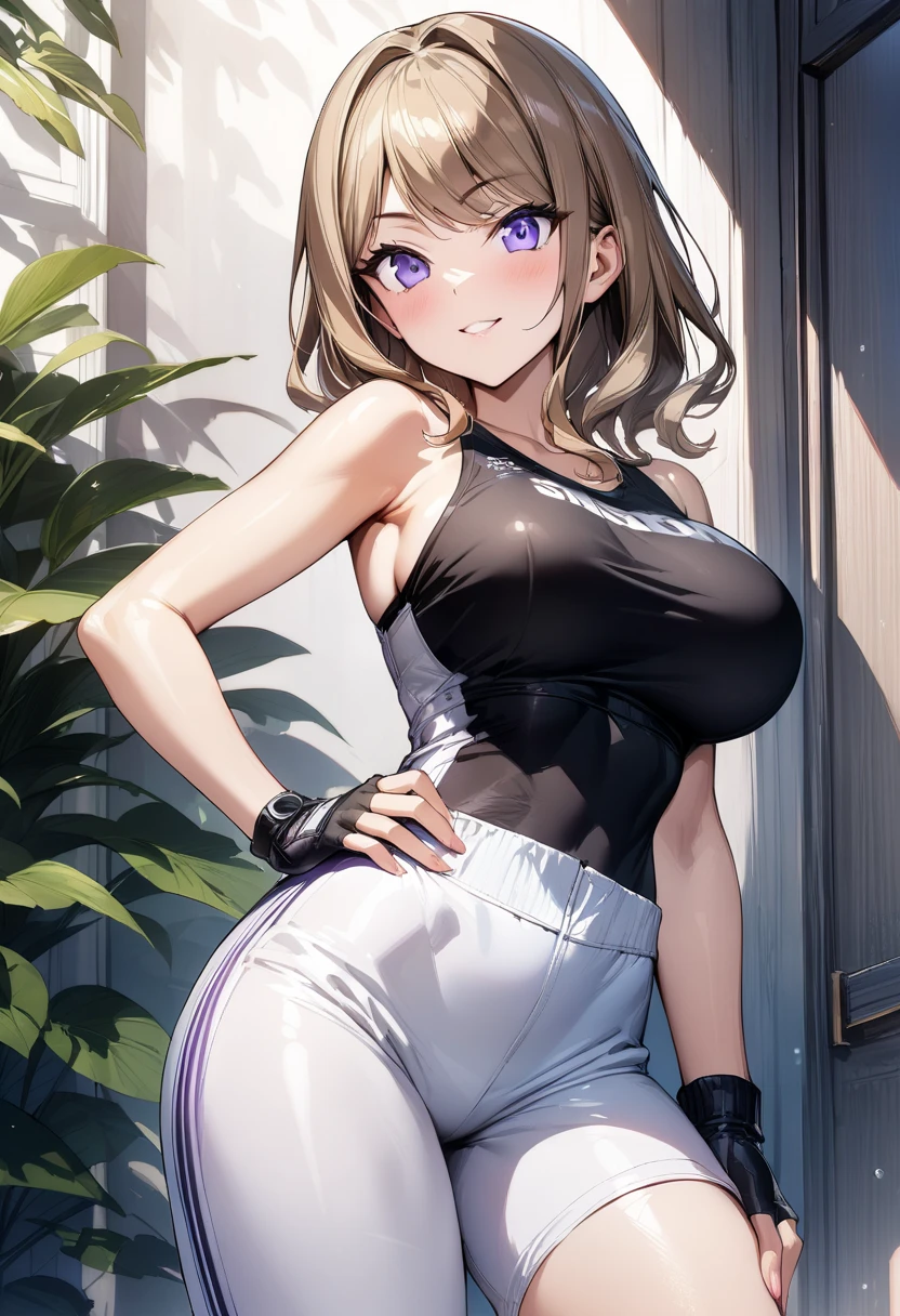 suminoe_shion, light brown hair, purple eyes, large breasts, bangs, black shirt, black sportswear, bare shoulder, knee guard, fingerless gloves, white pants, smile, standing, from the front, cowboy shot, hand on hips, (masterpiece),(best quality),(ultra-detailed),(best illustration),(best shadow),(absurdres),(detailed background),(very aesthetic),