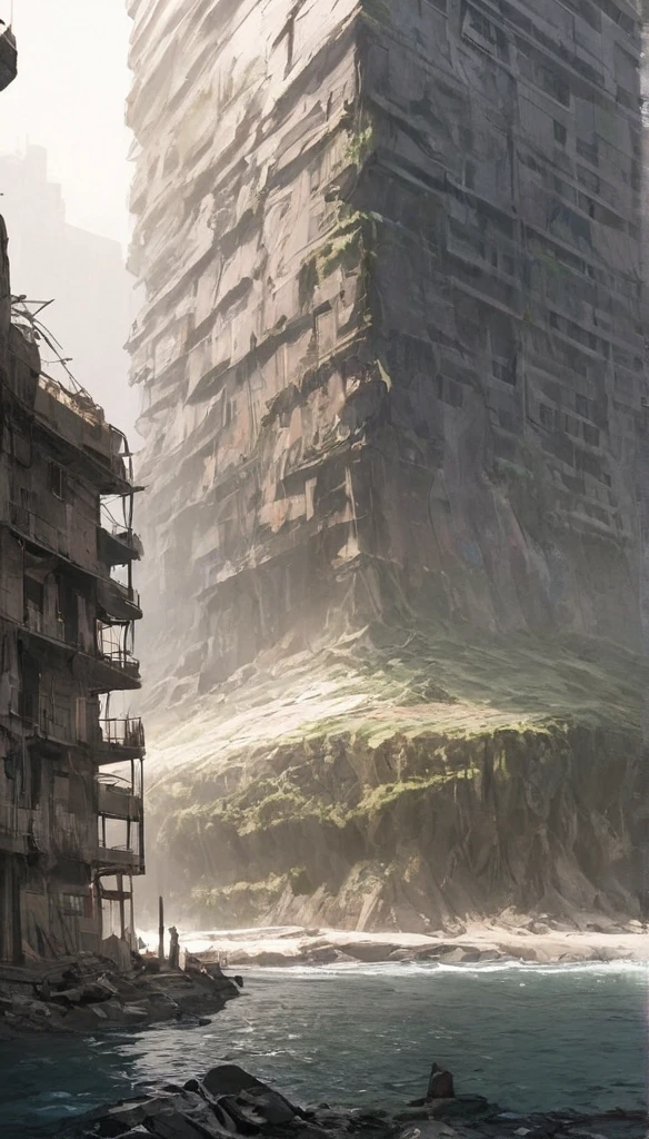 Realistic landscape, hyper   Details, Post-apocalyptic,  is mostly covered in water, Artificial island ,   Details, High image quality,  High Quality , Lots of buildings,  destroyed building with a sickle in both hands,  finished , Further Darkness, darkシナリオ, Post-apocalyptic, fog, dark, There aren&#39;t many trees