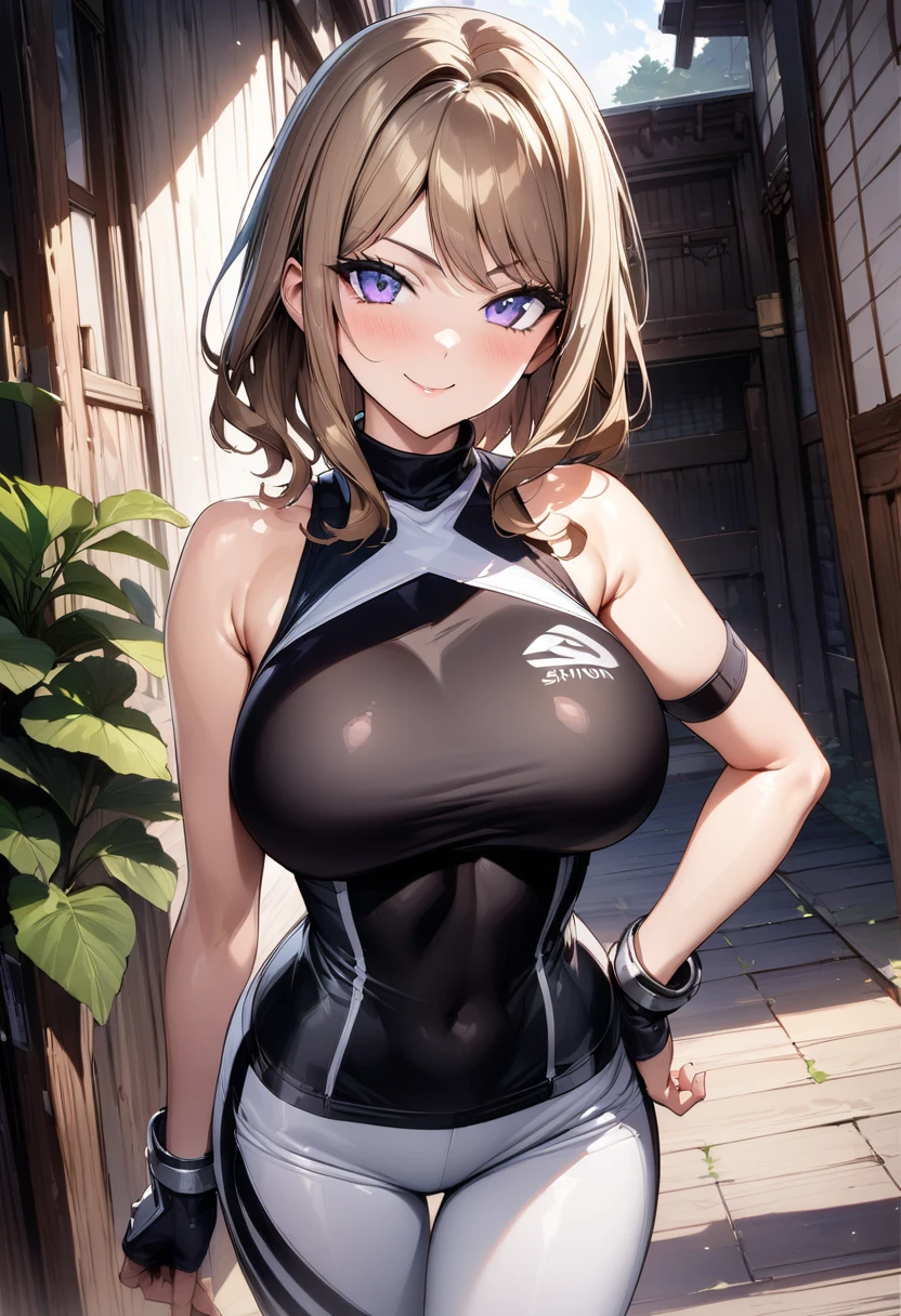 suminoe_shion, light brown hair, purple eyes, large breasts, bangs, black shirt, black sportswear, bare shoulder, knee guard, fingerless gloves, white pants, smile, standing, from the front, cowboy shot, hand on hips, (masterpiece),(best quality),(ultra-detailed),(best illustration),(best shadow),(absurdres),(detailed background),(very aesthetic),