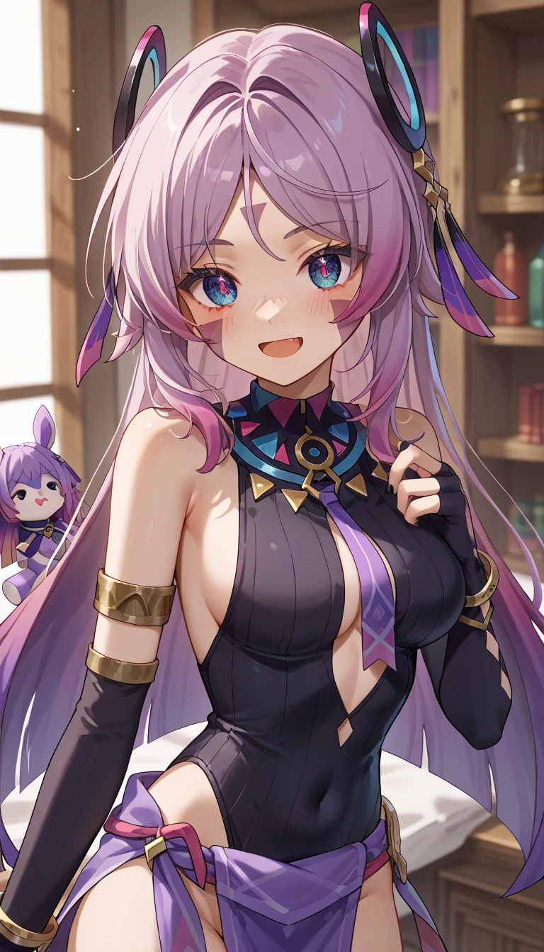  score_9, score_8_up, score_7_up,they read,  1 girl ,  Black Gloves ,  open her mouth ,  purple tie,  partially fingerless gloves,  watching viewers ,  black leotard, （purple lunghy, purple waist cloth :1.5）,  gradient hair ,, armlet, bracelet,  jewelry,  medium breasts,  split bangs ,  Dynamic Poses :1.3), smile,,  bare shoulder ,  twin blades,  black shirt , hair intakes,  elbow gloves,  single fingerless gloves , ,  sleeveless, Face paint , シングル elbow gloves, black nail ,, (I'm holding a cute stuffed dragon:1.5) , (whole body:1.5),  Dynamic Poses ,
