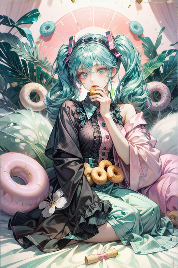 anime girl with a pink dress and a headband with donuts on it, anime girl with teal hair, mikudayo, decora inspired illustrations, 2 d anime style, candy girl, in an anime style, soda themed girl, cute anime style, beautiful anime art style, pinterest anime, hatsune miku short hair, !!full body portrait!! eating cake 