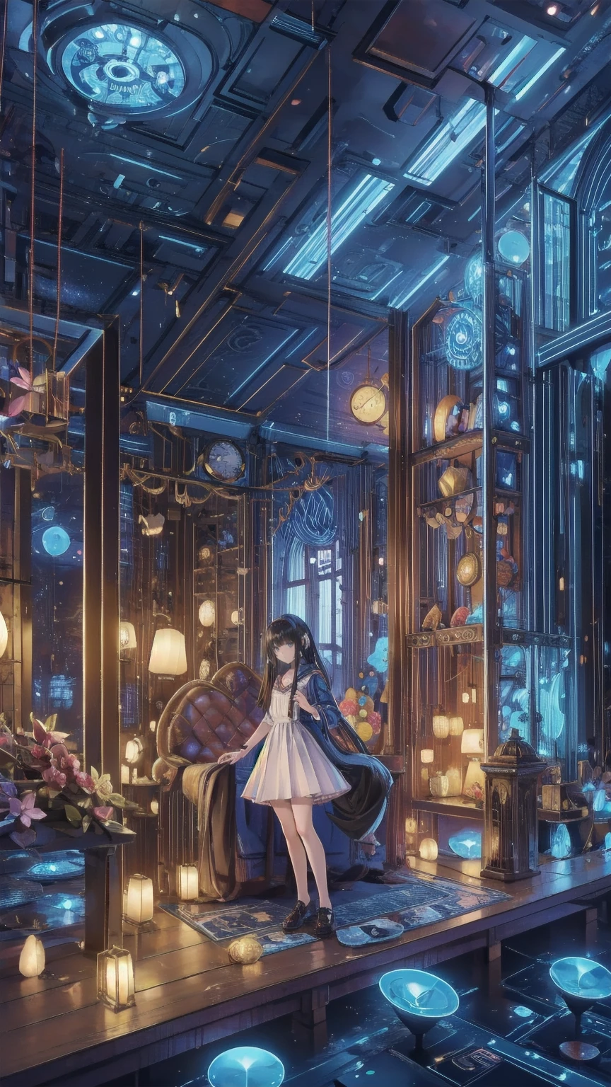 Create an illustration of a fantastical space filled with countless intricately crafted clocks.. Each watch exudes nostalgia and wonder, The overall look creates a fascinating and nostalgic atmosphere.. These clocks are floating in a space-like void.,  Creates a fantastical atmosphere,  . Standing at the center of this enchanting scene, A lonely young girl, Her presence、Adding innocence and curiosity to the space. The wonder of her big eyes、Reflects the magical essence of the scene, The whole illustration looks dreamy and charming..
