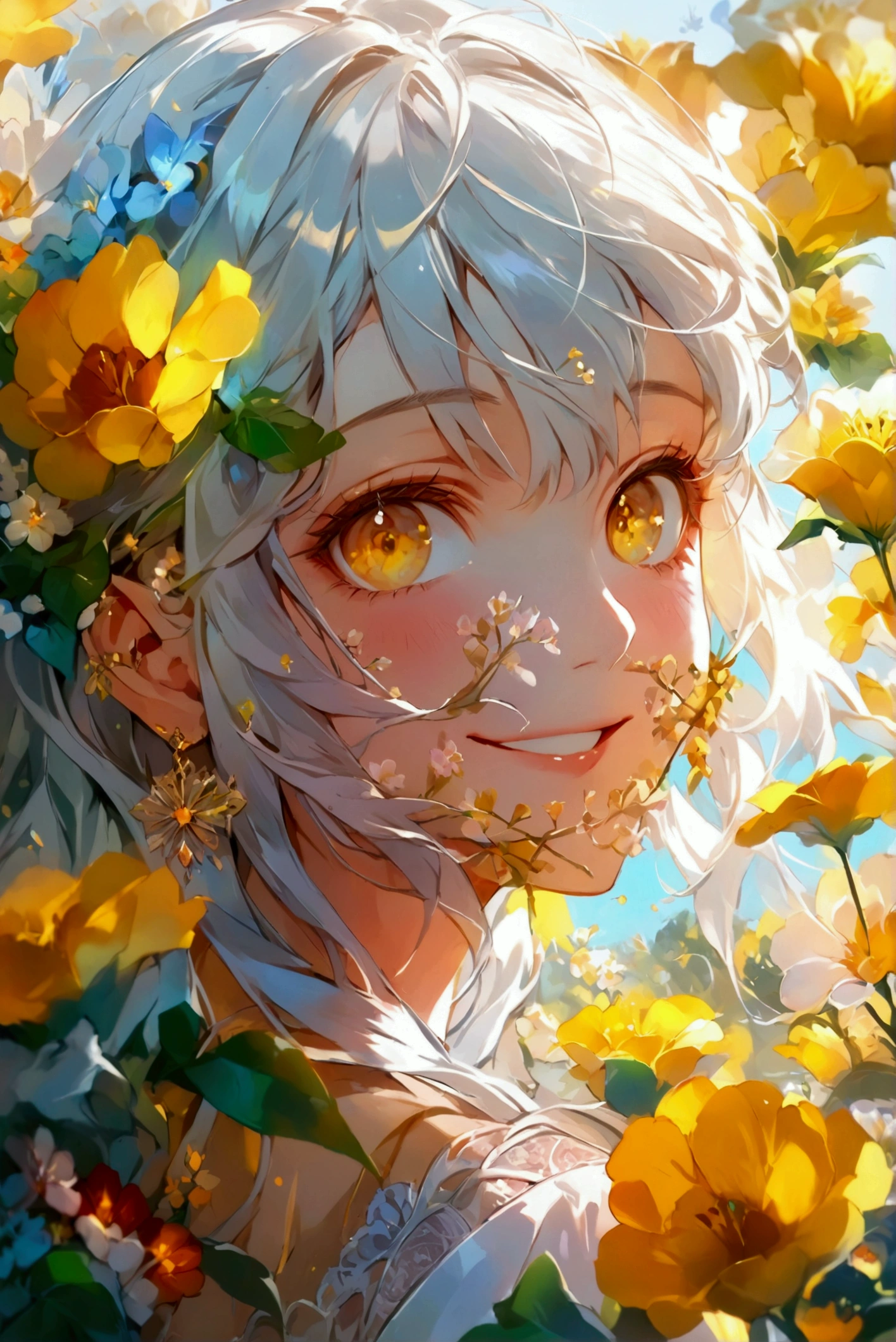  1 girl ,  high definition , solo, (Long Hair_Pure white straight hair ),  smiles, beautiful, yellow gold eyes , mature,Pointy Ears,  character who farts and smiles,  lots of flowers blooming around my face, long lashes,Close up, Zoom Layer,  fisheye shot , 