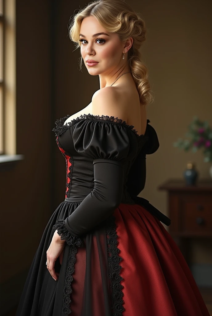 English woman, blonde, by the taken, about 30 years old, dressed as a young woman from the 1800s, thick lips. long french style dress, with lace and long sleeves in black and red tones. Great cleavage, big breasts and big butt. Sepia tone photo
