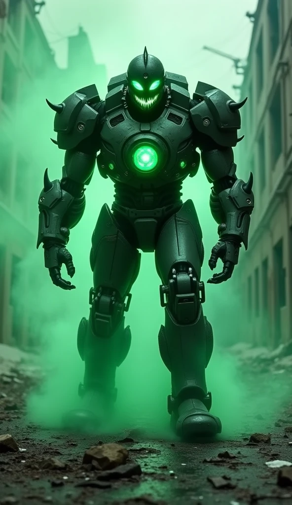 "A fierce Iron Man with glowing green eyes and sharp fangs, dripping venom, emerging menacingly from an eerie green mist in the middle of an abandoned, ruined city with cracked roads and shattered buildings. His entire armored body is fully visible, with glowing reactor and intricate suit details, highlighted with photorealistic precision, intense focus on his menacing expression, dark and mysterious atmosphere, vibrant green glowing effects, cinematic composition, ultra-high resolution --ar 9:16."