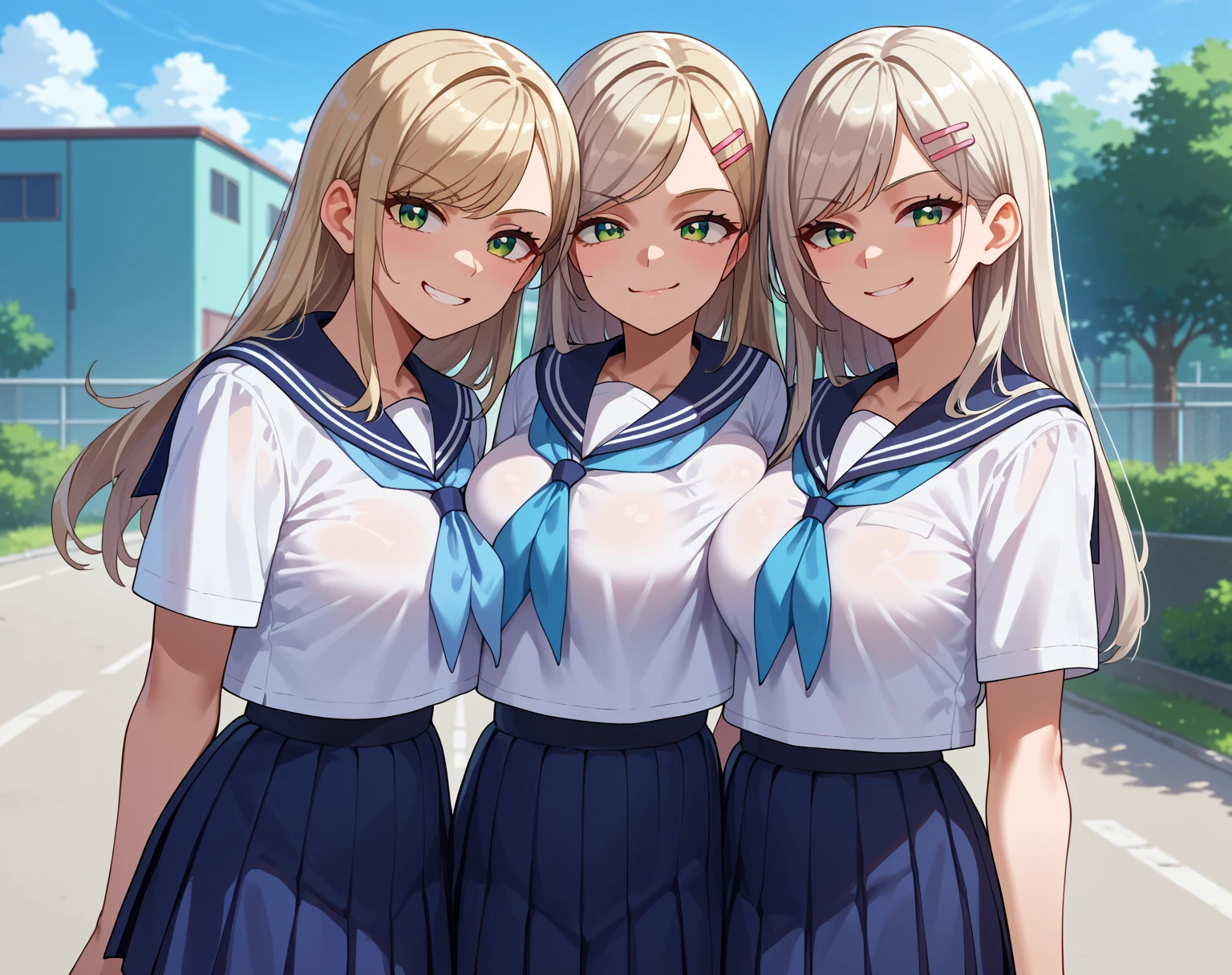 {{score_9, score_8_up, score_7_up, score_6_up, score_5_up, score_4_up, source_anime}} outdoors, school, 2 girls, cowboy shot, looking at viewer, platinum blonde hair, swept bangs, long hair, pink hairclip, green eyes, large breasts, serafuku, sailor shirt, blue neckerchief, pleated skirt, smug,