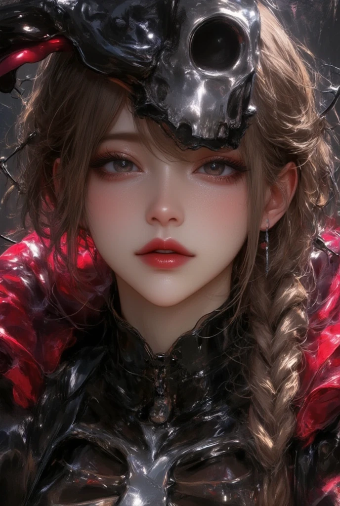 (oil painting:1.3), Anime CGI, close-up of a woman with deep brown eyes and long eyelashes, intense gaze through a metallic skeletal hand mask, skin with a subtle sheen, intricate braided hairstyle, dark dried roses entwined with barbed wire around her shoulders, chrome skeleton looming behind with hollow eyes, dramatic lighting, surreal high-fashion, dark fantasy vibe, ink artistic conception, real paint texture, Impressionism Art, hyper-realistic, depth of field, desire, ((fine facial features, eroticism)), dramatic lighting, Realistic, highly detailed, masterpiece, 8k, Cinematic Composition, dark moody vibe, Dramatic Shadows, Intricate and elaborate pattern, 30 megapixel, chiaroscuro lighting, moody color palette, deep contrast, super real, A fusion of the styles of Katsuya Terada, Range Murata, Akiman and JUNNY