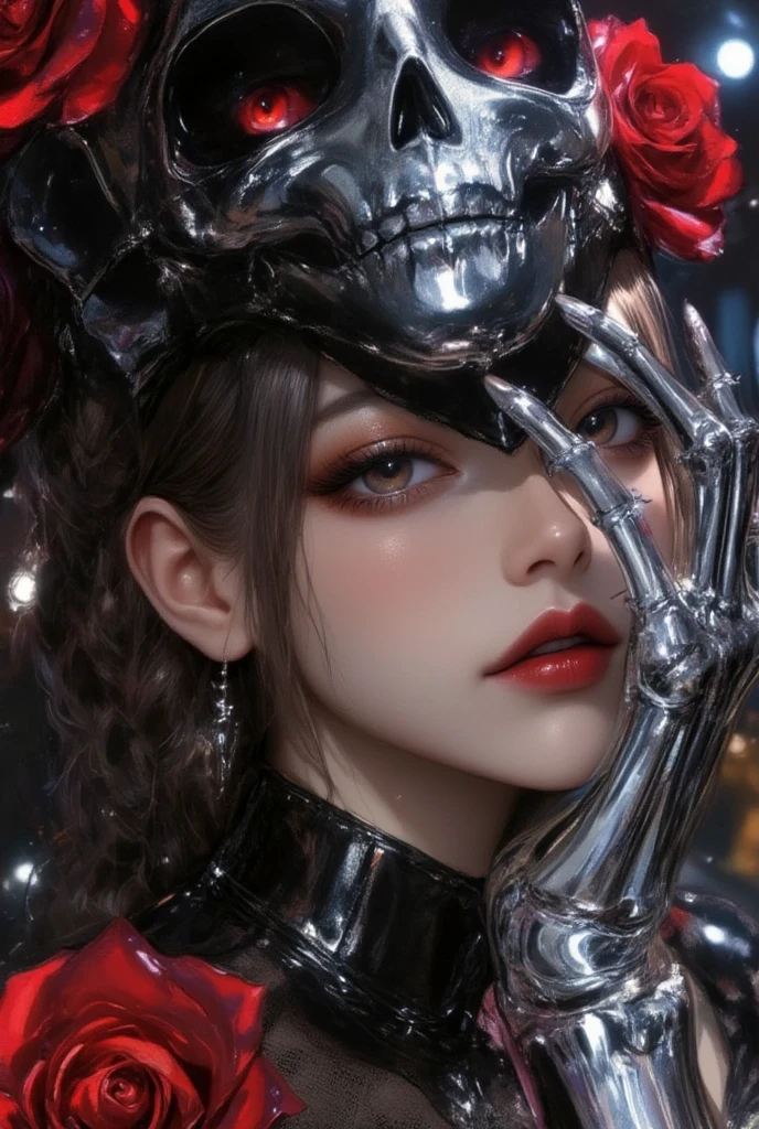 (oil painting:1.3), Anime CGI, close-up of a woman with deep brown eyes and long eyelashes, intense gaze through a metallic skeletal hand mask, skin with a subtle sheen, intricate braided hairstyle, dark dried roses entwined with barbed wire around her shoulders, chrome skeleton looming behind with hollow eyes, dramatic lighting, surreal high-fashion, dark fantasy vibe, ink artistic conception, real paint texture, Impressionism Art, hyper-realistic, depth of field, desire, ((fine facial features, eroticism)), dramatic lighting, Realistic, highly detailed, masterpiece, 8k, Cinematic Composition, dark moody vibe, Dramatic Shadows, Intricate and elaborate pattern, 30 megapixel, chiaroscuro lighting, moody color palette, deep contrast, super real, A fusion of the styles of Katsuya Terada, Range Murata, Akiman and JUNNY