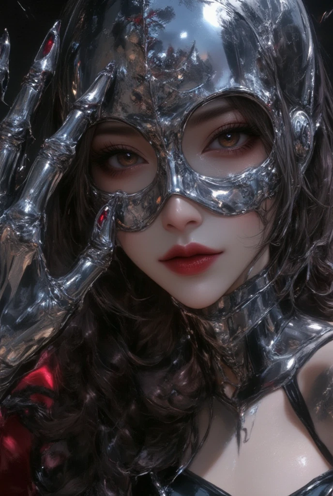 (oil painting:1.3), Anime CGI, close-up of a woman with deep brown eyes and long eyelashes, intense gaze through a metallic skeletal hand mask, skin with a subtle sheen, intricate braided hairstyle, dark dried roses entwined with barbed wire around her shoulders, chrome skeleton looming behind with hollow eyes, dramatic lighting, surreal high-fashion, dark fantasy vibe, ink artistic conception, real paint texture, Impressionism Art, hyper-realistic, depth of field, desire, ((fine facial features, eroticism)), dramatic lighting, Realistic, highly detailed, masterpiece, 8k, Cinematic Composition, dark moody vibe, Dramatic Shadows, Intricate and elaborate pattern, 30 megapixel, chiaroscuro lighting, moody color palette, deep contrast, super real, A fusion of the styles of Katsuya Terada, Range Murata, Akiman and JUNNY