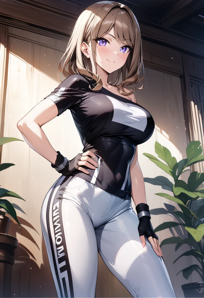 suminoe_shion, light brown hair, purple eyes, large breasts, bangs, black shirt, black sportswear, bare shoulder, knee guard, fingerless gloves, white pants, smile, standing, from the front, cowboy shot, hand on hips, (masterpiece),(best quality),(ultra-detailed),(best illustration),(best shadow),(absurdres),(detailed background),(very aesthetic),