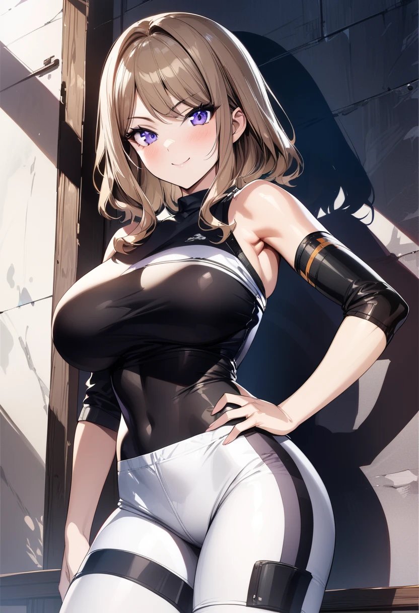 suminoe_shion, light brown hair, purple eyes, large breasts, bangs, black shirt, black sportswear, bare shoulder, knee guard, fingerless gloves, white pants, smile, standing, from the front, cowboy shot, hand on hips, (masterpiece),(best quality),(ultra-detailed),(best illustration),(best shadow),(absurdres),(detailed background),(very aesthetic),