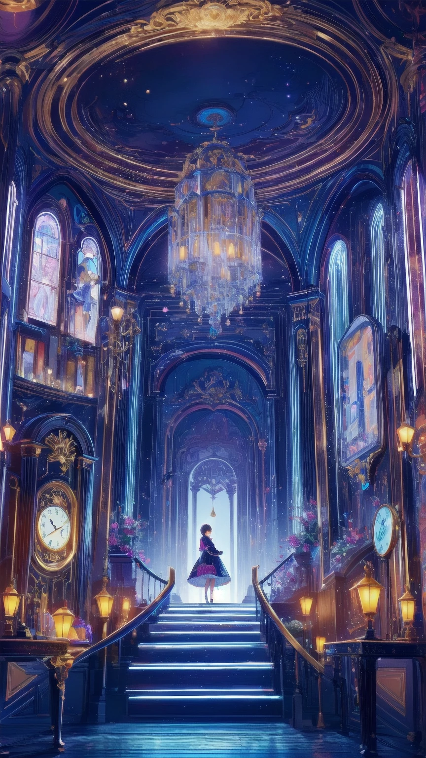 Create an illustration of a fantastical space filled with countless intricately crafted clocks.. Each watch exudes nostalgia and wonder, The overall look creates a fascinating and nostalgic atmosphere.. These clocks are floating in a space-like void.,  Creates a fantastical atmosphere,  . Standing at the center of this enchanting scene, A lonely young girl, Her presence、Adding innocence and curiosity to the space. The wonder of her big eyes、Reflects the magical essence of the scene, The whole illustration looks dreamy and charming..
