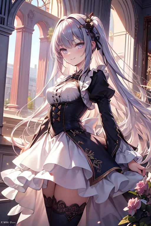 Superb Style, Masterpiece, High Resolution, Best Quality, UHD, Super Detail, Award-Awarded, 16k, (upper body), A beautiful girl, Gray hair, Hair, ((Heterochromia)), Hanging eye corners, Fair skin, (Small breasts), (Slim Figure), ((Skirt)), (Ribbon collar), (Short gloves as short as half a palm)