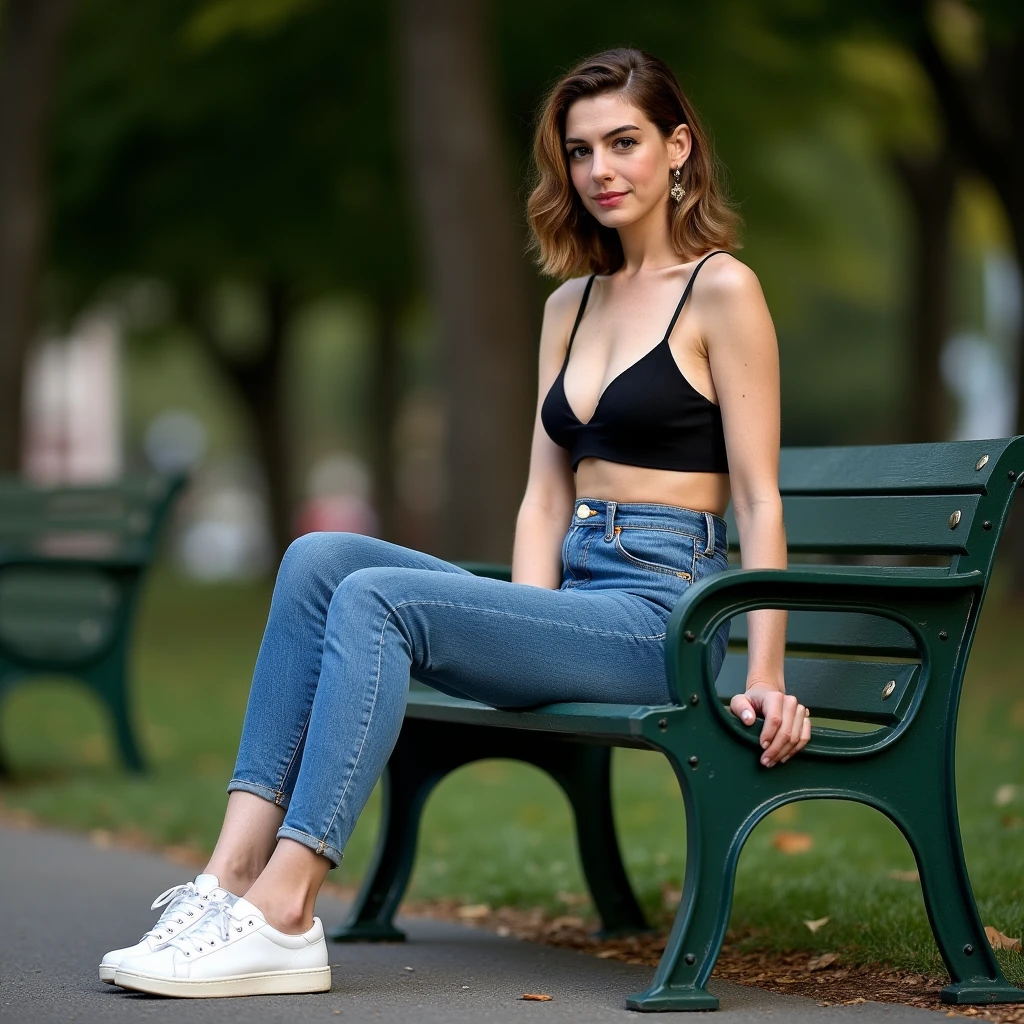 AnneHathawayFlux sitting on a public park chair with her legs crossed, wearing a high rise tight blue jeans and a black tank top with visible cleavage, she has a slight smile on her face, full body image, wearing white sneakers shoes, artistic lighting
