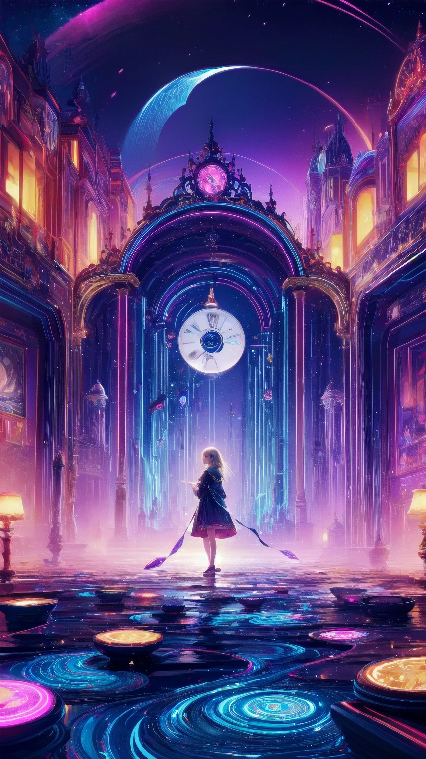 Create an illustration of a fantastical space filled with countless intricately crafted clocks.. Each watch exudes nostalgia and wonder, The overall look creates a fascinating and nostalgic atmosphere.. These clocks are floating in a space-like void.,  Creates a fantastical atmosphere,  . Standing at the center of this enchanting scene, A lonely young girl, Her presence、Adding innocence and curiosity to the space. The wonder of her big eyes、Reflects the magical essence of the scene, The whole illustration looks dreamy and charming..
