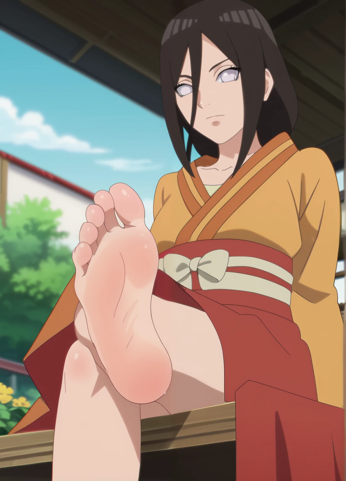 Score_9, score_8_up, source_anime, 1girl, Hanabi Hyuga, long black hair, large white eyes, yellow kimono blouse, traditional long red skirt held closed by a simple white obi, alone, looking at viewer, in a garden, sitting, cowboy shot, ANIME SCREENCAP, anime coloring, barefoot, perfect feet, anatomically correct, soles, low angle, focal length 35mm, each foot has five toes, front, symmetrical soles, foot focus, crossed legs