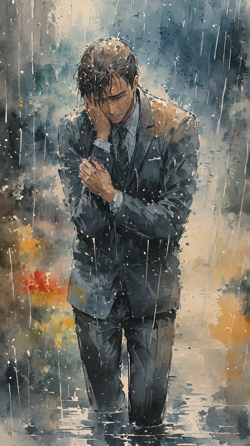 watercolor painting of a man in suit in the rain. full body shot of the man who is soaked under the rain. he tilts his head up to face the rain, the rainwater flows down his face. he is walking in the street, holding his hands out to feel the rain. watercolor brushes stroke painting style. the sky is dark.