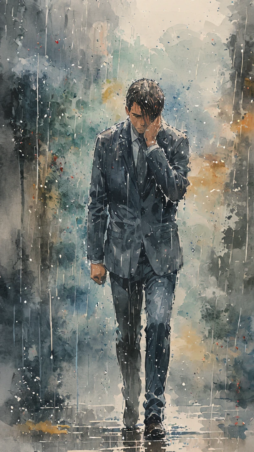 watercolor painting of a man in suit in the rain. full body shot of the man who is soaked under the rain. he tilts his head up to face the rain, the rainwater flows down his face. he is walking in the street, holding his hands out to feel the rain. watercolor brushes stroke painting style. the sky is dark.