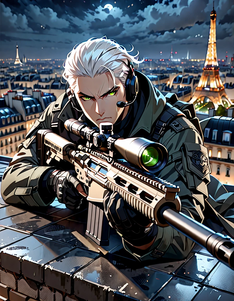 best quality, masterpiece, hires, highly detailed, 8k, 1male, male focus, solo focus, professional assassin, white hair, brown eyes, slicked-back hairstyle, cybernetic eye, green turtleneck sweater, dark grey trench coat, tactical headset, black tactical gear, holding a sniper rifle, rooftop, nighttime, Paris backdrop, indoors, serious and grim expression, depth of field, noir atmosphere