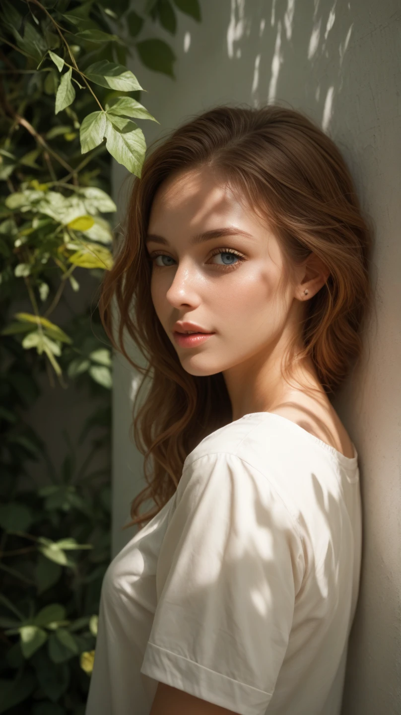 A close-up young thai woman standing gracefully against a white wall, her posture relaxed as dappled sunlight filters through the leaves above, casting soft shadows and patterns across her face and body. She gazes thoughtfully, with a serene expression, as the interplay of light and shadow creates a natural, artistic effect. The white wall provides a clean, minimalist backdrop, emphasizing the delicate details of her features and the gentle glow of the sunlight. The scene feels tranquil and timeless, with subtle textures of the wall and leaves adding depth and warmth to the composition.

#ภาพจากAiไม่ใช่คนจริง