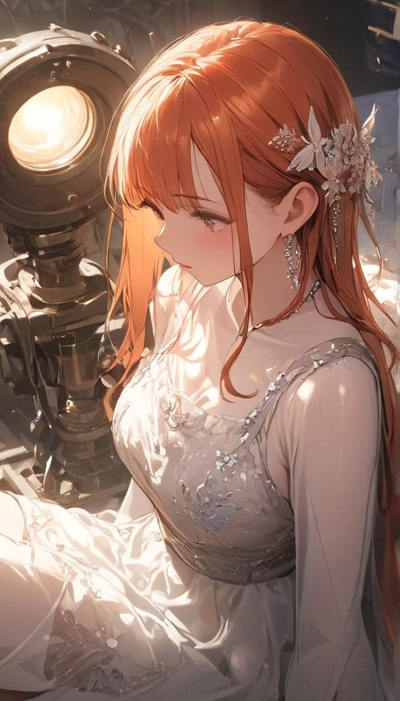 (masterpiece:1.4), ( best quality:1.4),  fantasy , extremely   Details,  complicated, hyper   Details, Illustration, soft lighting ,  1 girl ,  orange hair_flower,  dress, bend_End , Green, (perfection_face),  sitting , machine, Gorgeous,  complicated,  Dramatic Lighting , 4K,   Details_background,  caustics, full_body, digital_Illustration, from_side 