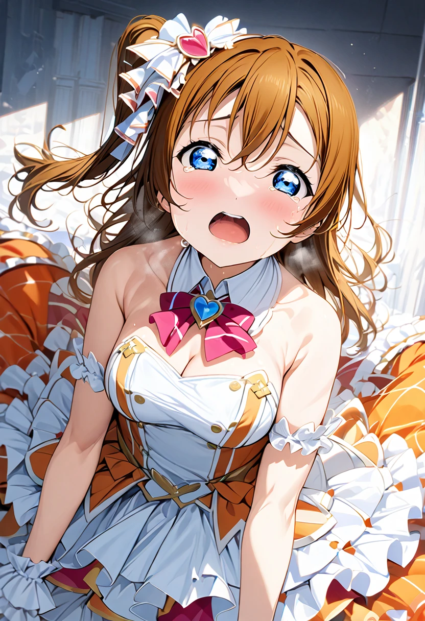 (( pixel perfect , perfect detail))), ((細身の体, medium breast)), Alone, Alone girl,  Takasaka Honoka, 1,  blue eyes, masterpiece,  best quality, Love Live!!!, {{ Takasaka Honoka: 1.5}},( detailed face ,  Highly Detailed CG),(  perfect hands , perfect anatomy),(Crying face:1.2),(Tears in my eyes:1.5),( Magical Girl,  idol costume, : 1.0),  Viewers' Perspective , ( expression of fear:1.1), (Tears in my eyesが浮かぶ:1.3), MS, Love Live!!! ,  blue eyes,  orange hair, One side up,  short hair, ( frill long socks), masterpiece,  best quality, 1 female, (nsfw:1.0),((nude)),  Spread Your Legs,  raise their legs, Heavy breathing , ( clothes, sexual intercourse, Insert,  hetero sex UAL ,  Thick Big Penis  :1.3), ( lying , Lying on your back,  bed, throw),(blood in pussy:1.3),