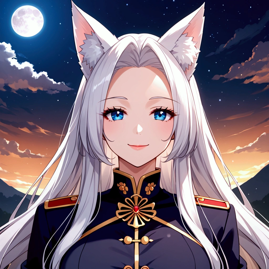 masterpiece++, best quality++, ultra-detailed+, anime style, moon, a cute girl, 1girl, solo, military costume,, beautiful long white hair, beautiful blue eyes, beautiful eyes++, fox ears, smile_0
